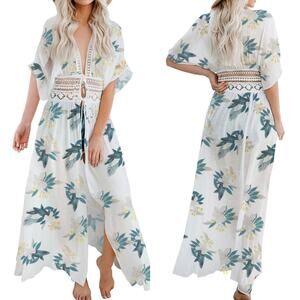 🌟Chiffon Floral Pattern Lace Trim Detail Cover Up Longline Beachwear | Size XL